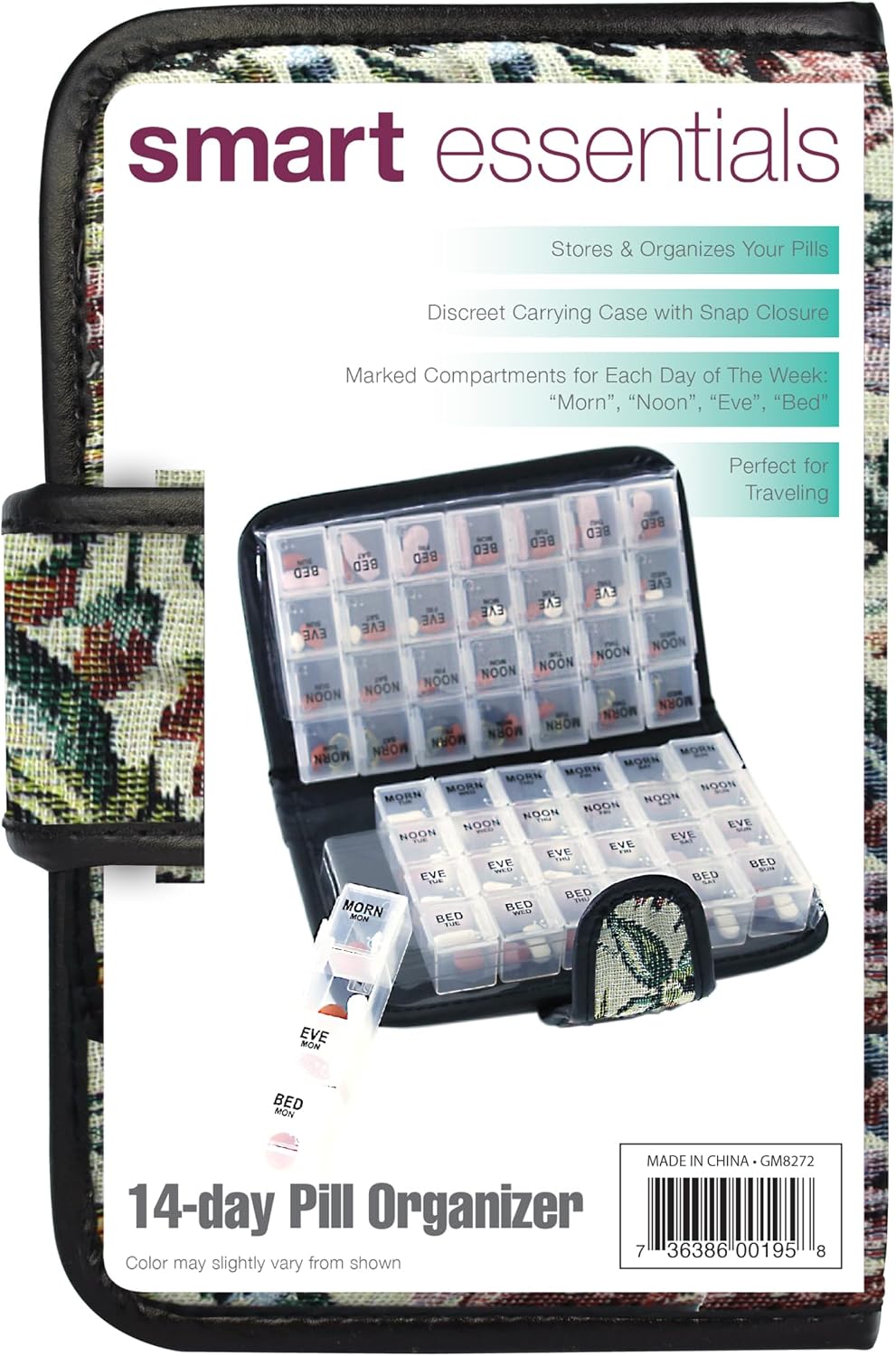 Floral Pill Case Box, 14 Day Pill Holder Pill Container & Medication Organizer, Travel Case - 4 Marked Compartments for Each Day of The Week - Morn, Noon, Eve, Bed