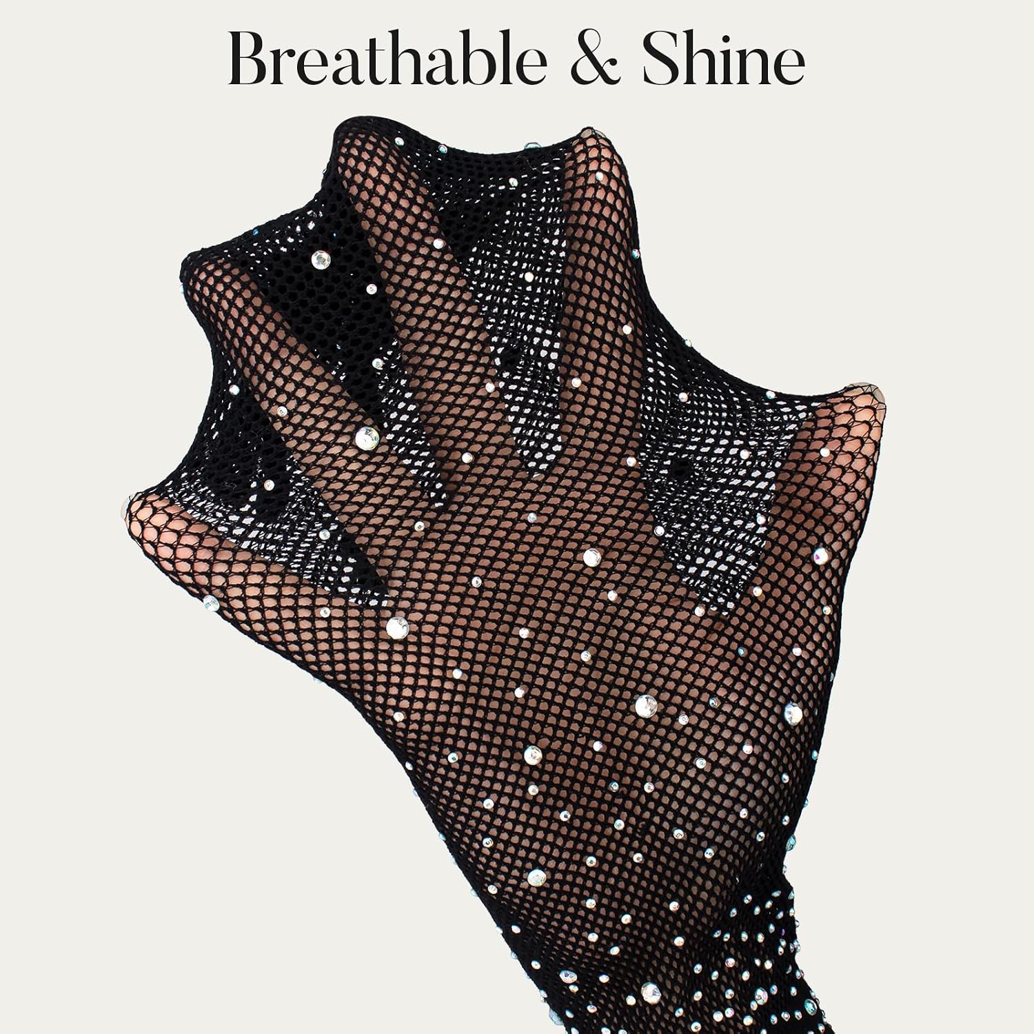 Rhinestone Long Fishnet Gloves Mesh Rave Sleeve Bling Elbow Length Glove for Evening Party Prom Women Girls