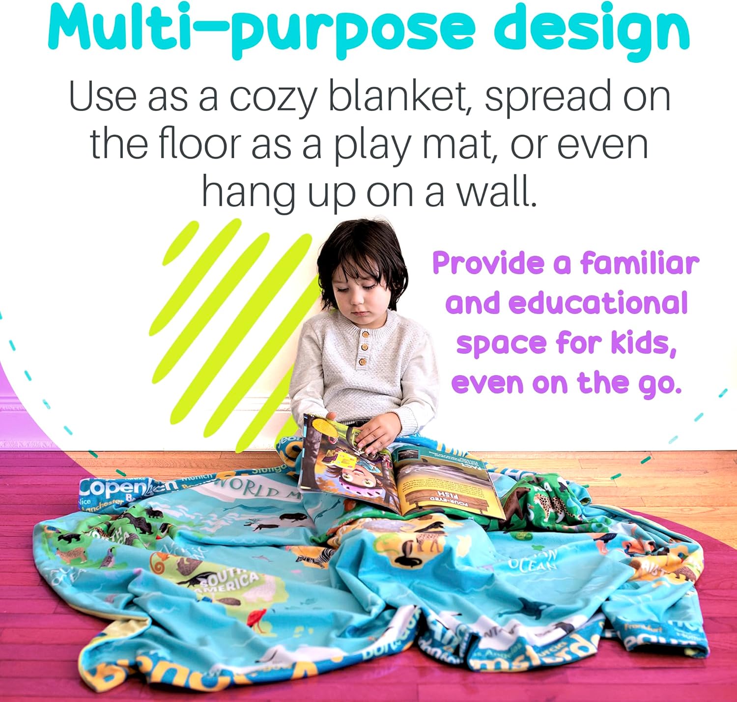 Birdy Boutique – Learning Blanket® – Double-Sided Dinosaur MapBlanket for Kids – Throw 50" x 60" – Soft Minky Plush Educational Blanket for Kids – Prehistoric Species & World Map