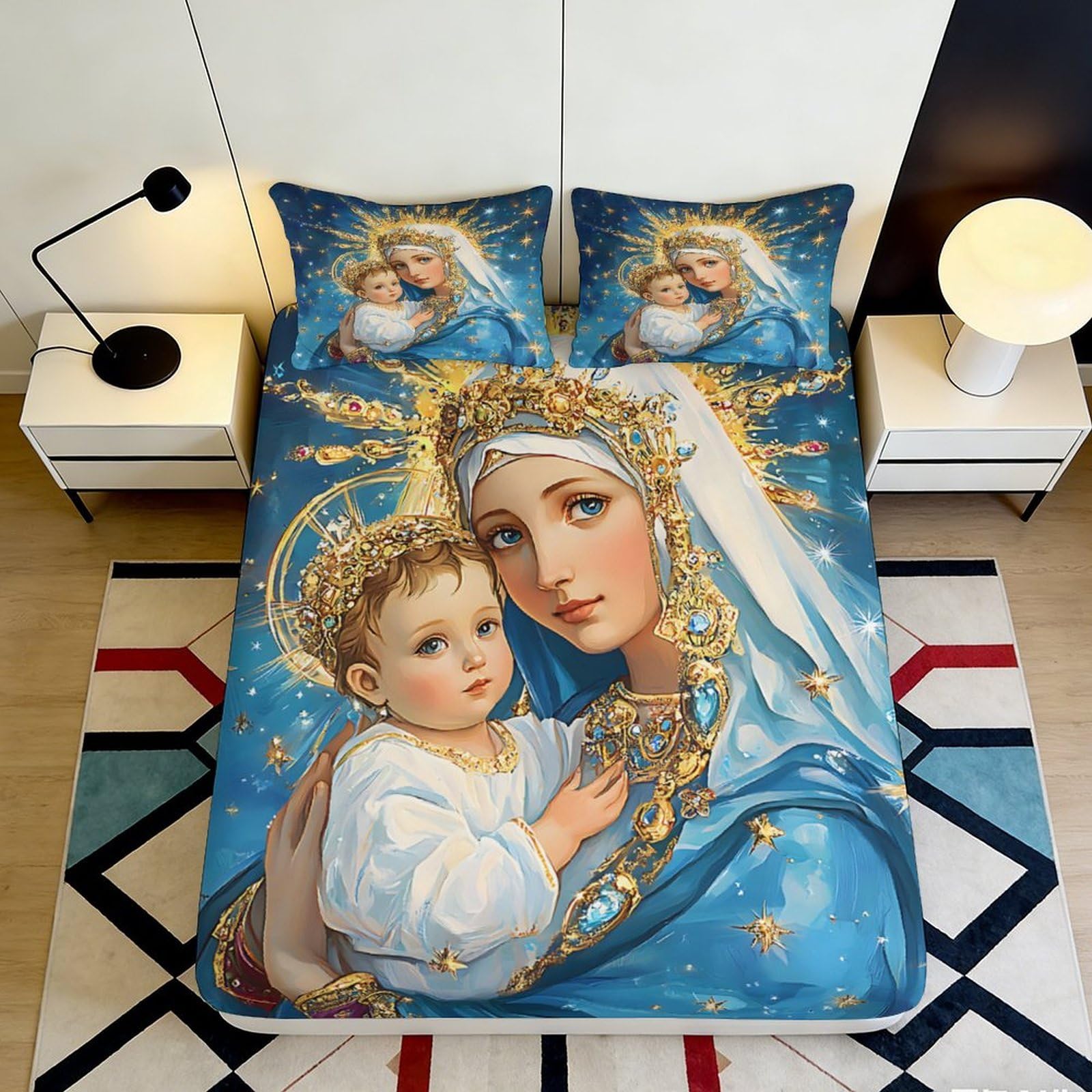 3D Printed Virgin Mary Angel Fitted Sheet Microfiber Blue Religious Art Mattress Cover for Bedroom Dorm Home Decor 90x200x25cm