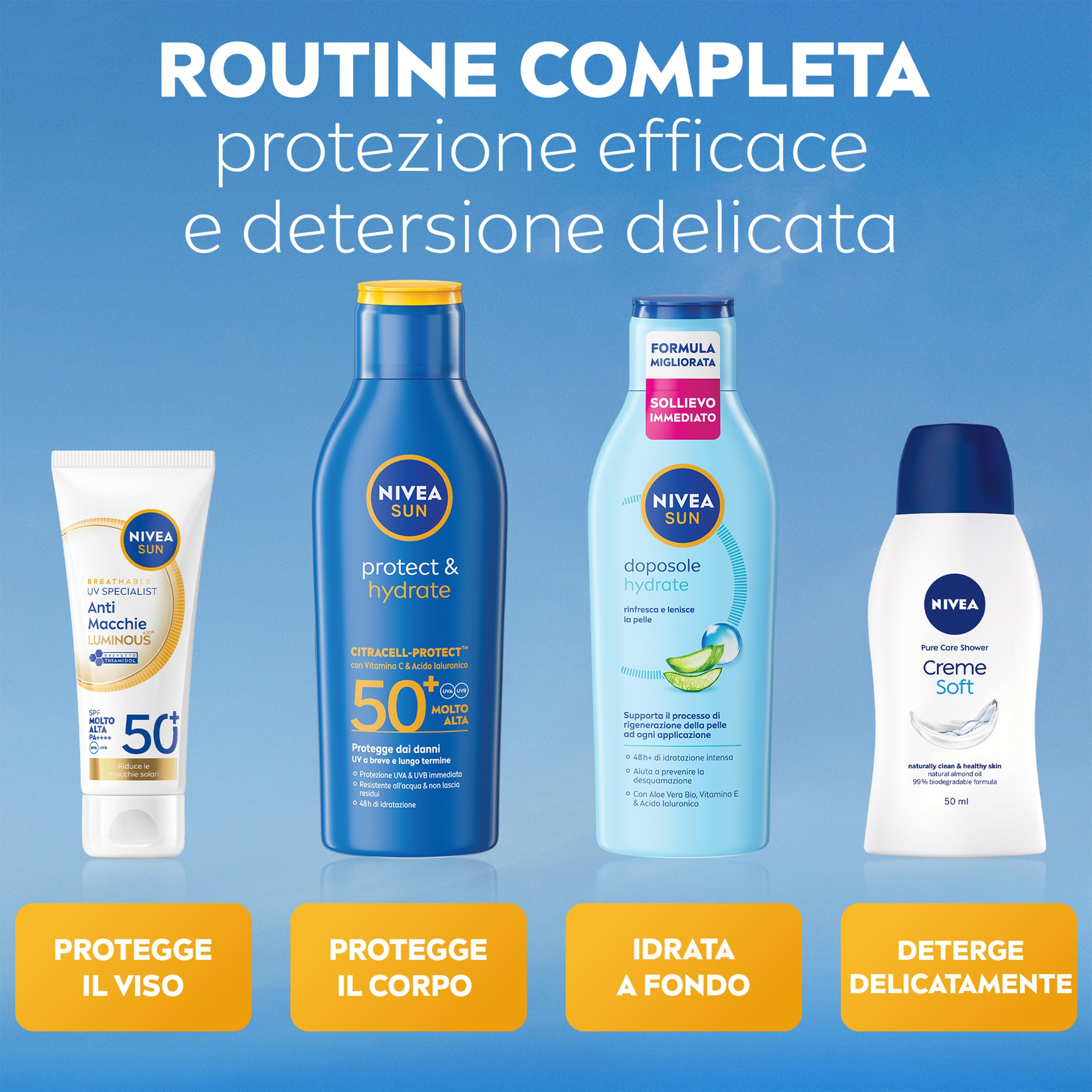 NIVEA SUN Cofanetto con Crema Solare Protect & Hydrate SPF 50+ 200 ml, Crema solare viso 50+ Luminous630 40 ml, Doposole Hydrate 200 ml e Bagnodoccia Creme Soft 50 ml in omaggio – Kit Esclusiva Amazon