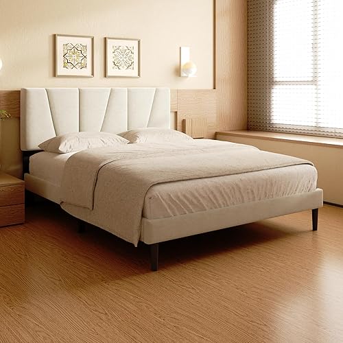 Miniatura 10 de Base de cama tamaño Queen, plataforma tapizada de lino con cabecero, fuerte soporte de listones de madera, base de colchón sin ruido, no necesita