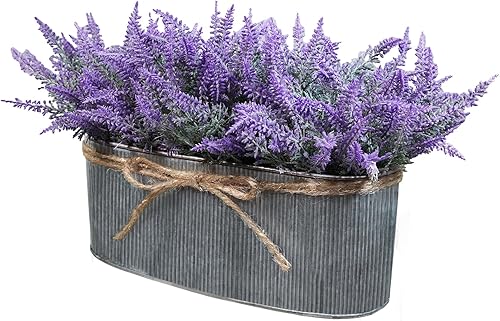 Miniatura 2 de Winlyn Arreglo floral de lavanda artificial en maceta rústica ovalada de metal galvanizado, plantas en maceta de lavanda sintética para casa de