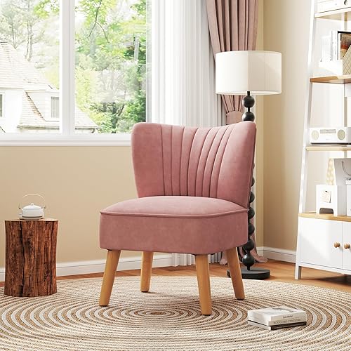 Miniatura 4 de KOMFOTT Juego de 2 sillas decorativas tapizadas, moderna silla de terciopelo sin brazos con patas de madera de goma maciza, sofá con respaldo de ala