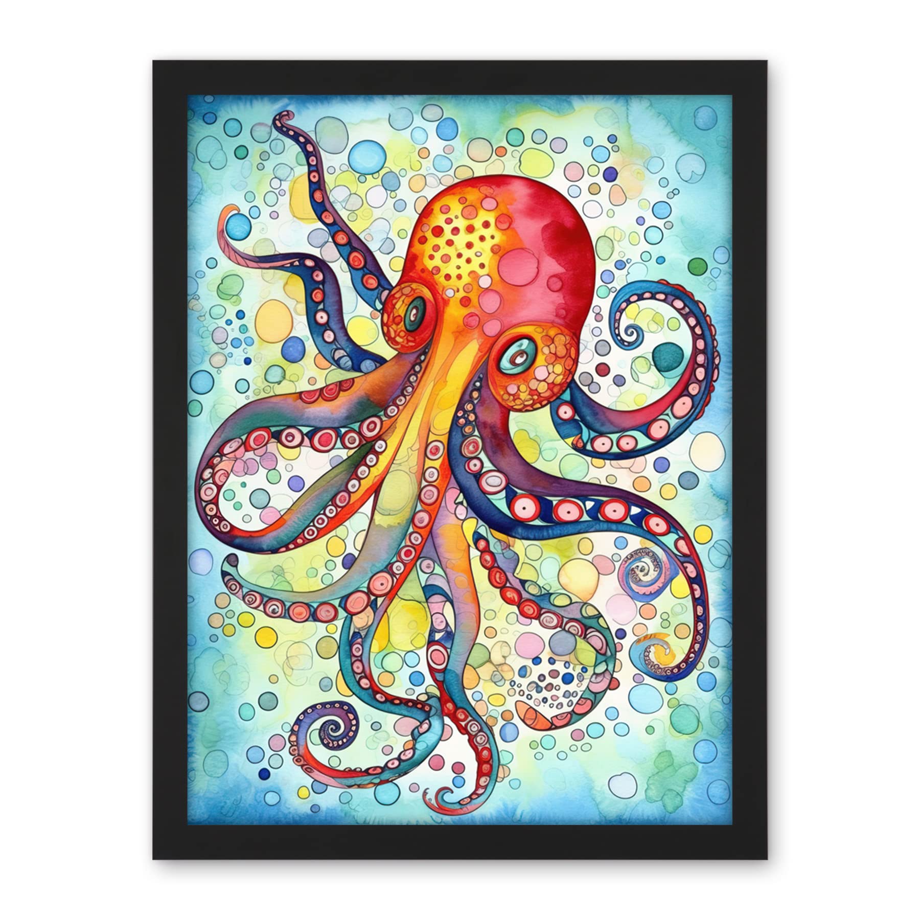 Artery8 Octopus Swimming In Air Bubbles Folk Art Watercolour Painting Artwork Framed Wall Art Print 18X24 Inch