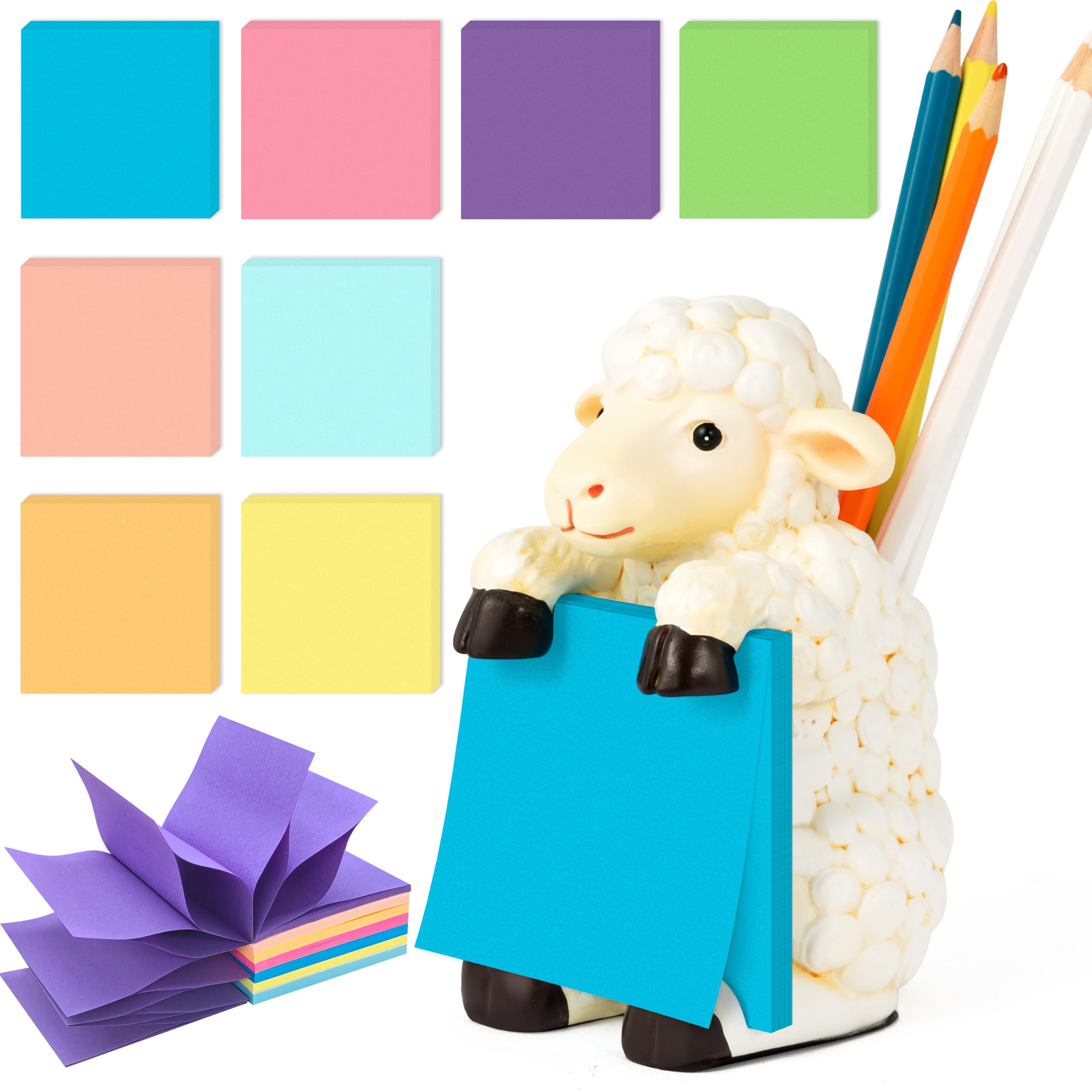 Wood Homing Sheep Sticky Note Dispenser with 8 Color Self-Adhesive Note Pad