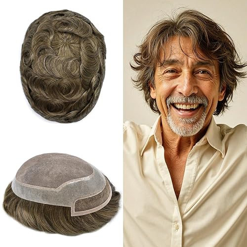 Miniatura 44 de Toupee - Sistema de cabello humano de repuesto con encaje frontal para hombre, extensiones de pelo tipo tupé mono PU para hombres