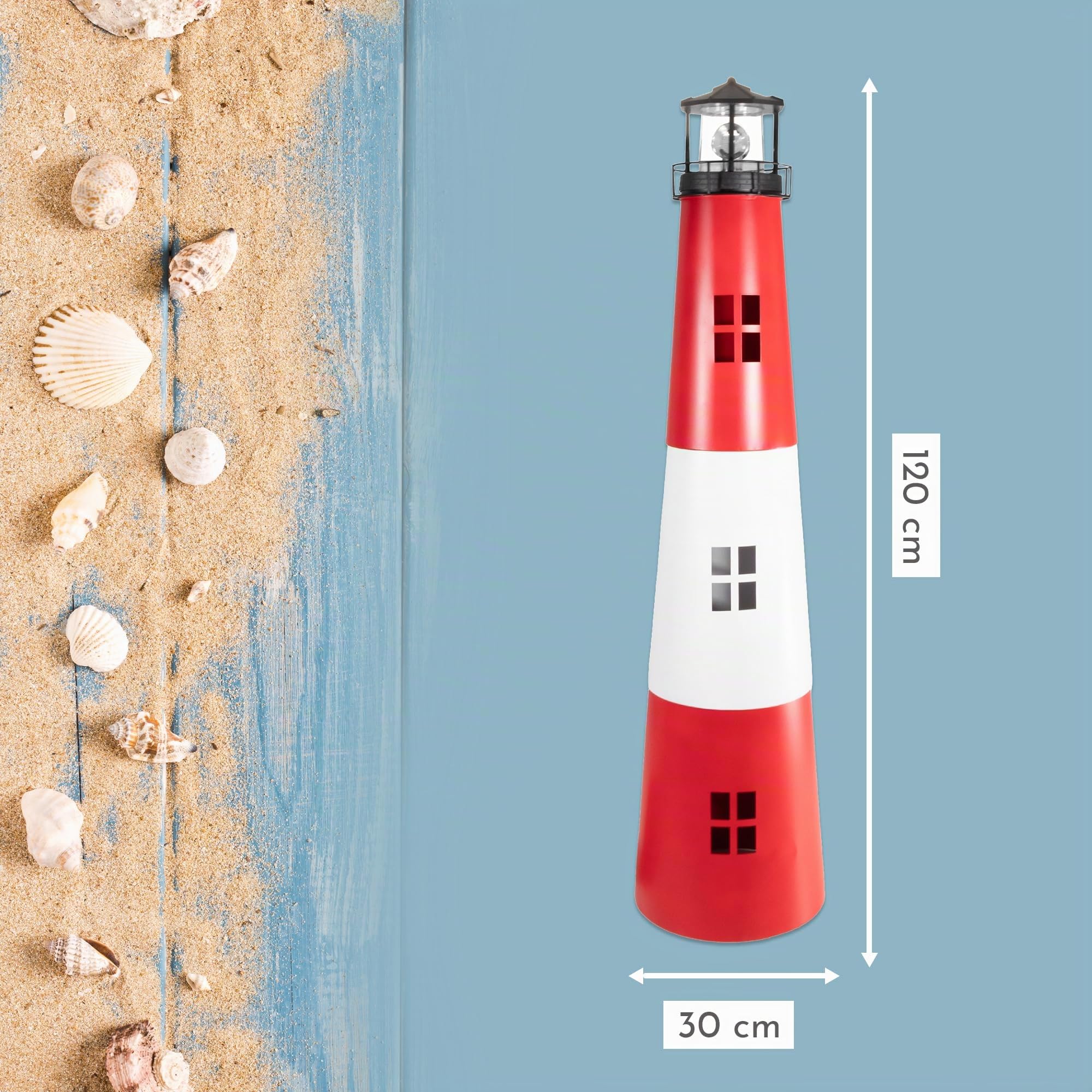 LEMODO Gartendeko Leuchtturm, Dekoleuchte für den Garten mit solarbetriebenem, rotierendem Leuchtfeuer, 120 cm hoch, aus Metall, Maritime Außendeko mit LED-Beleuchtung