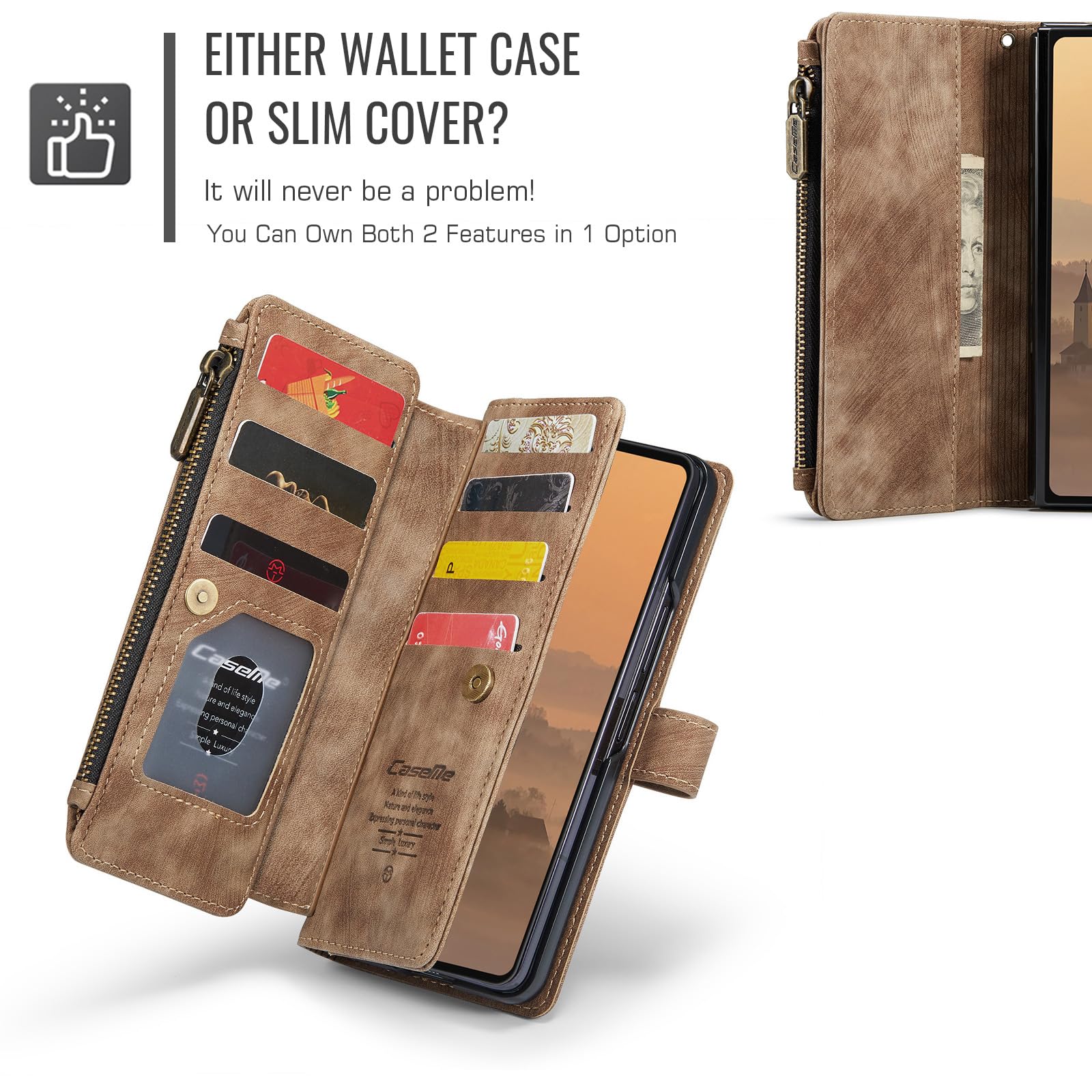 Etui portfelowe ze skóry PU, pasuje do telefonu Samsung Galaxy Z Fold8, przegródki na karty, magnetyczne zamknięcie, podpórka, odporny na wstrząsy pasek na nadgarstek, zamek błyskawiczny o