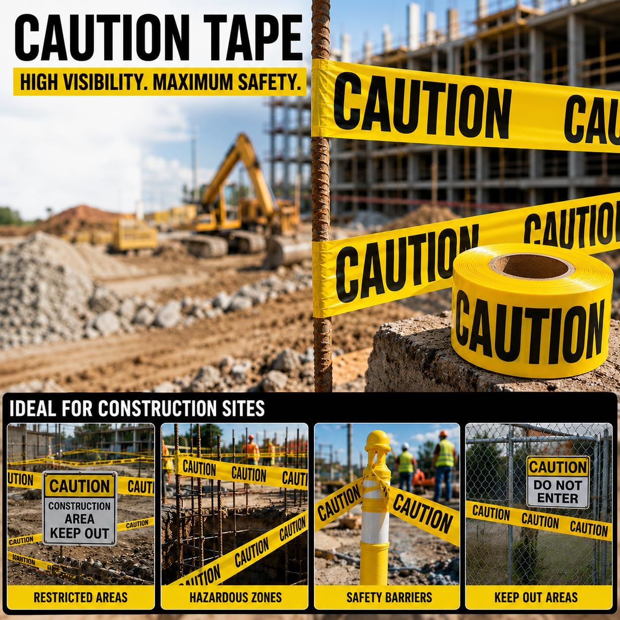 ATERET Premium Yellow Caution Tape I 3 inch x 1000 feet I Harzard Tape w/Bright Yellow & Bold Black Text I 3" Wide for Maximum Readability I Ideal Use for Danger/Hazardous Areas (1-Pack) — Amazon image 5