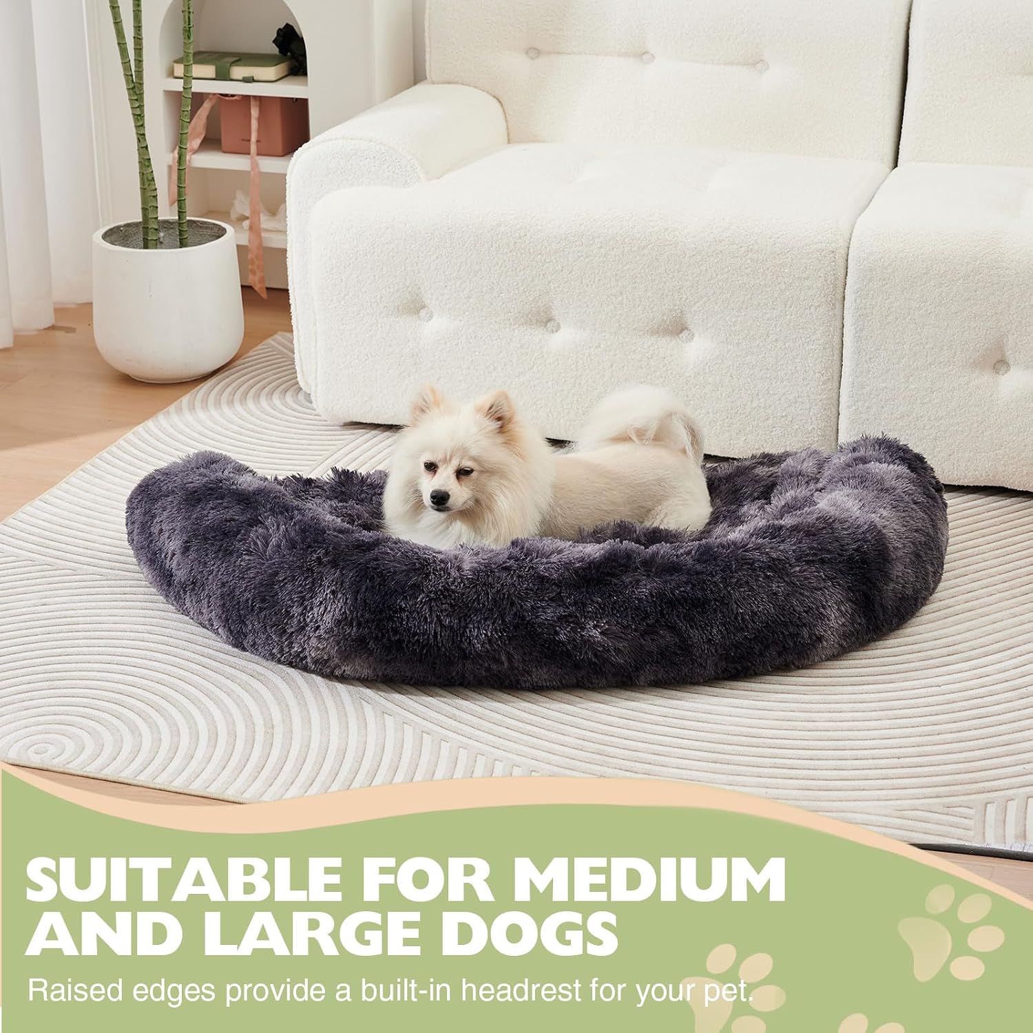 review Dog Couch Bed Mat - Fluffy Plush Dog Sofa Bed with Blanket,Pet Protector with Removable Washable Cover for Medium and Large Dogs (Black&Grey, 43x41x7inch)