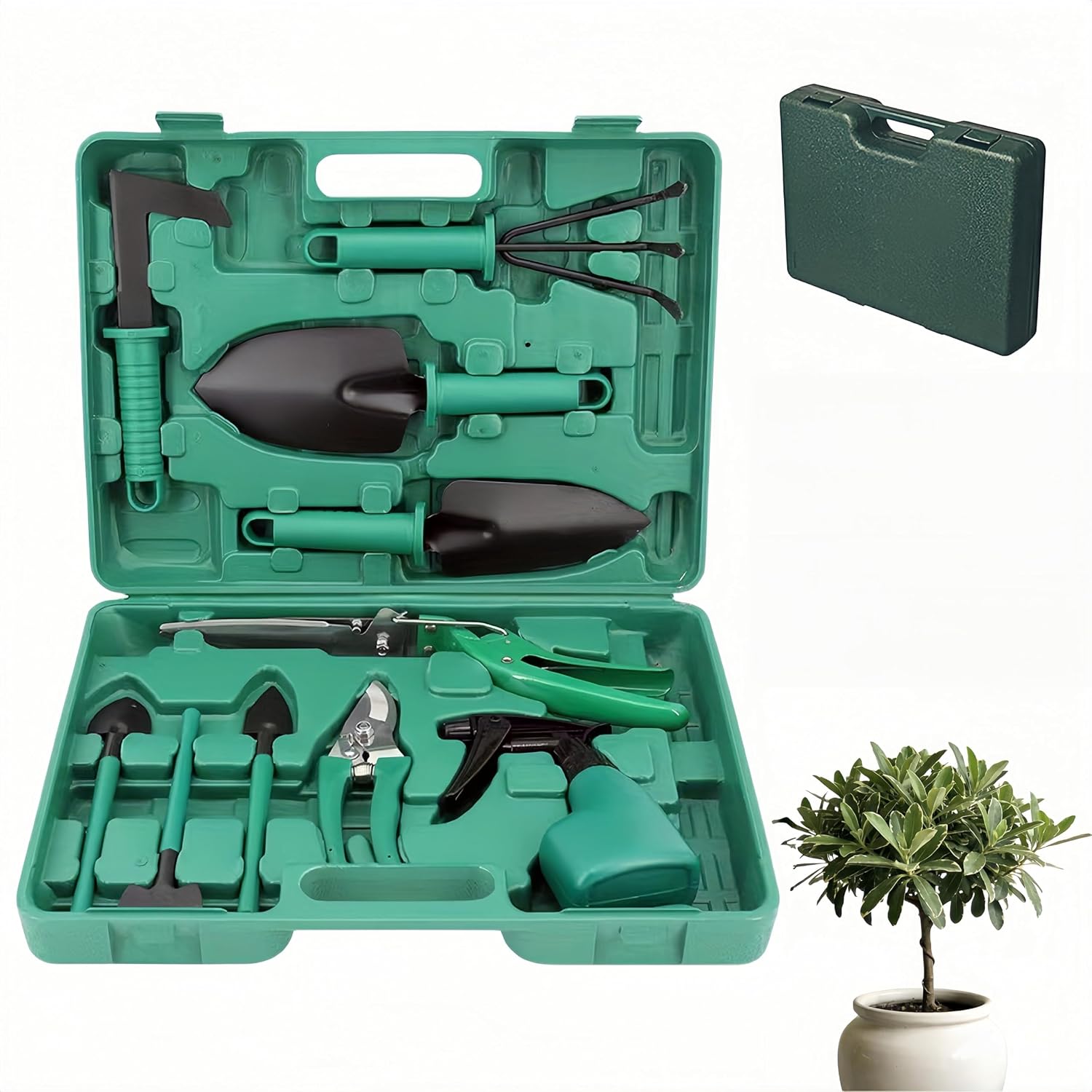 10-Piece Garden Tools Set - Heavy Duty Hand Gardening Kit: Shovel, Pruners, Trowel, Rake for Plant Care, Bonsai Trimming, Weeding & Yard Work (Green)