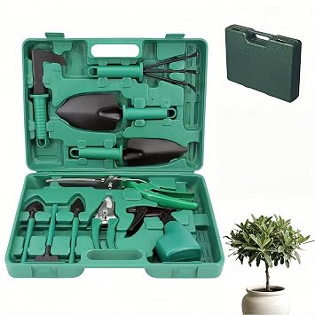 10-Piece Garden Tools Set - Heavy Duty Hand Gardening Kit Shovel, Pruners, Trowel, Rake for Plant Care, Bonsai Trimming, Weeding & Yard Work Green