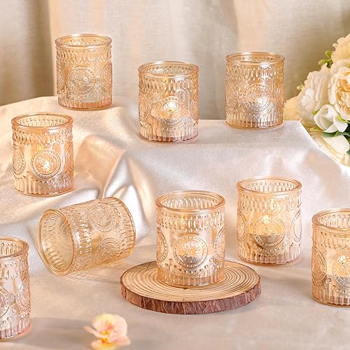 12 Pcs Gold Votive Candle Holders, Glass Candle Holders Embossed Tea Light Candle Holder for Wedding Table Centerpiece, Home Decor, Birdal Shower,