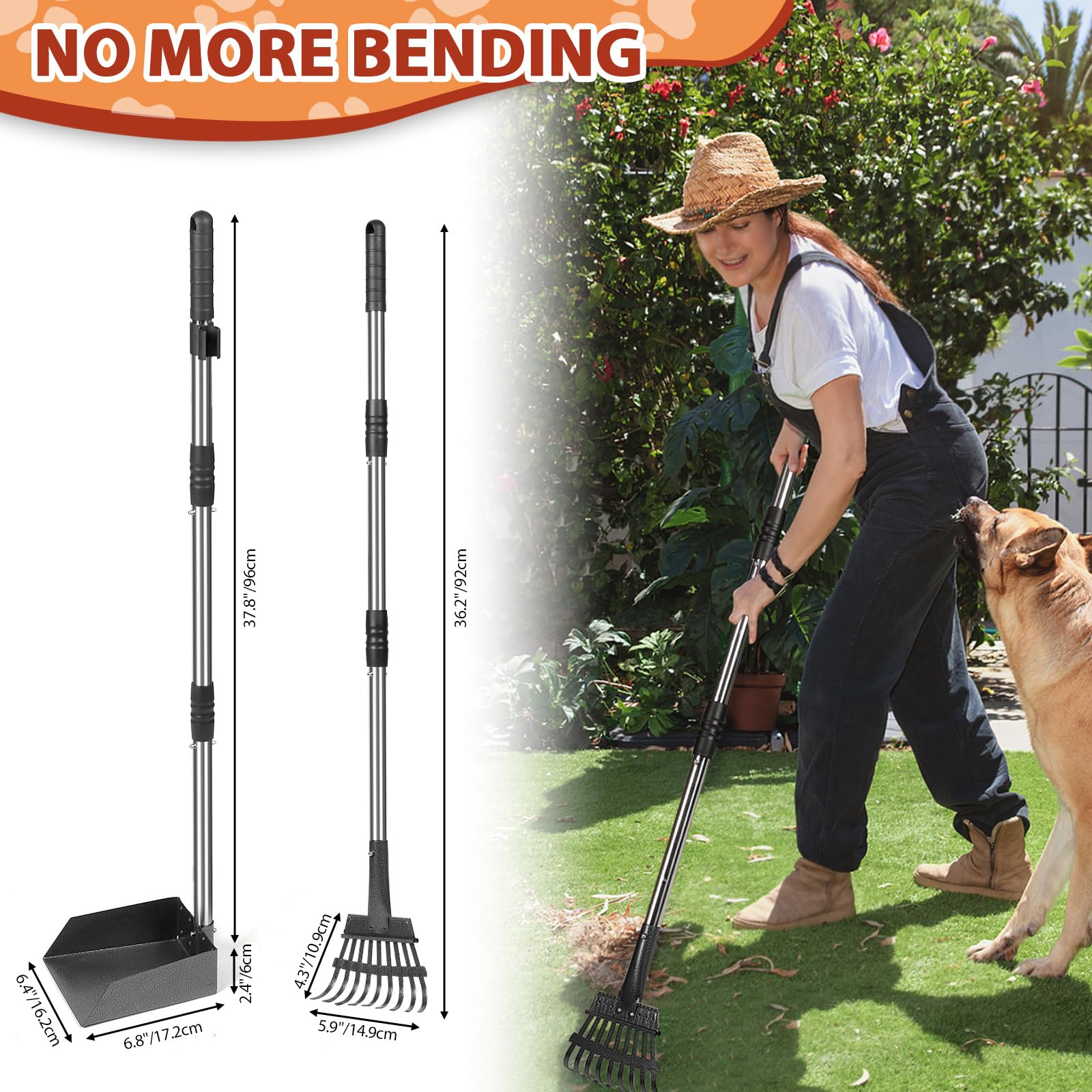 Ramasse crottes pour Chien avec Manche Long de 96 cm – râteau et bac en métal détachables – pour Chiens Grands, Moyens et Petits – Idéal pour Jardin, Herbe, Terre ou Gravier
