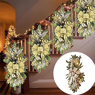 GGEROU 1 Pcs Christmas Artificial Swags 24" Xmas The Cordless Prelit Stairway Swag Teardrop Trim Wreath Door Stair Swag Garland Christmas Swags for Outdoor Home Garden Decor (Gold)