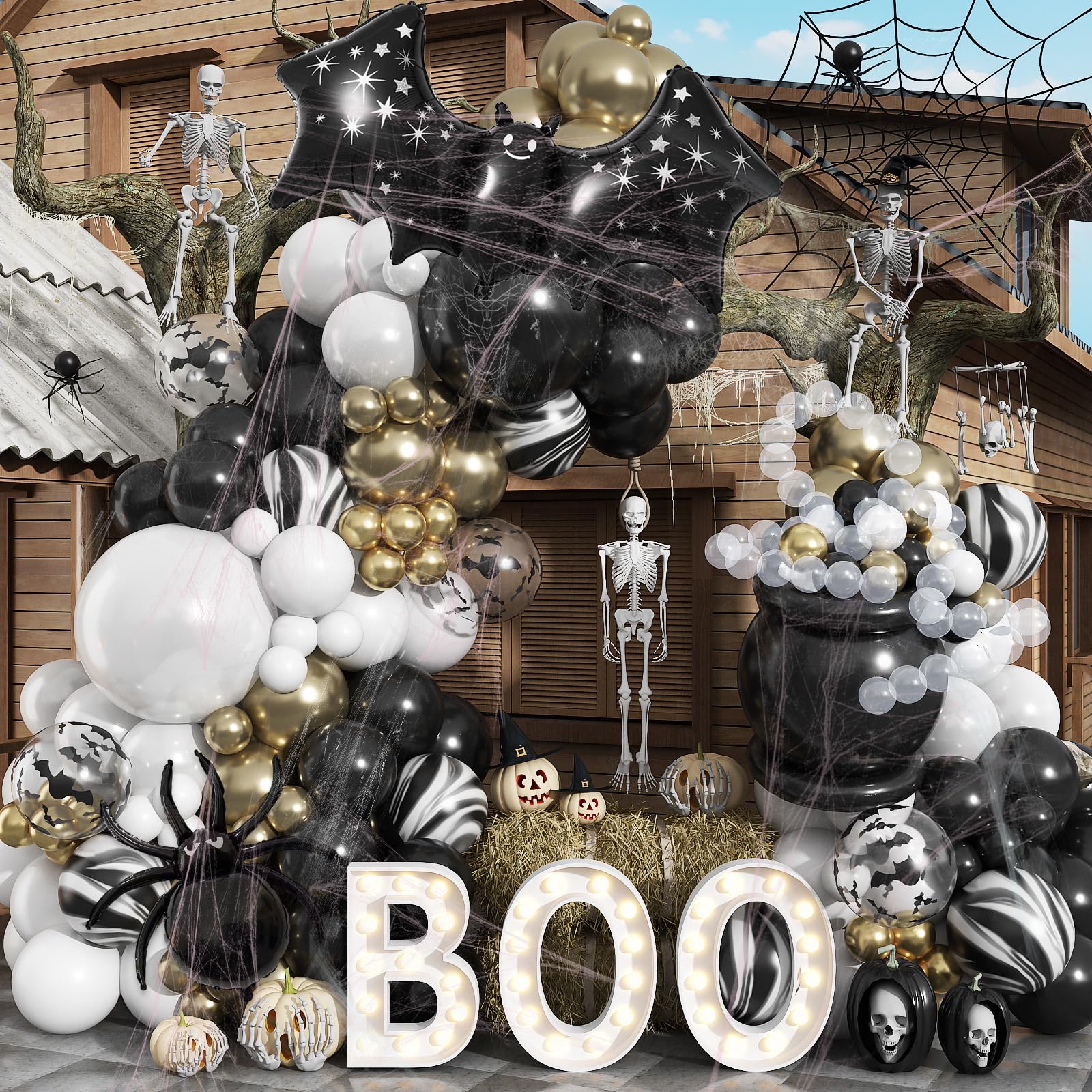 Halloween Balloon Garland Arch Kit, Black Pastel White Metallic Gold Transparent Bats Print Balloons with Scary Bats Spider Foil Balloon for Halloween Party Spooky Indoor Outdoor Backdrop Decorations