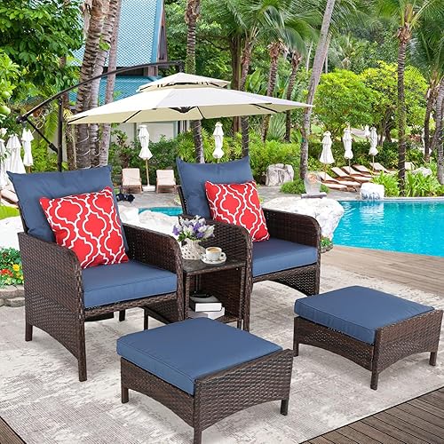 Furnimy Balcony Furniture - Juego de 5 sillas de mimbre para patio al aire libre con otomana de mimbre de polietileno con cojines extraíbles para