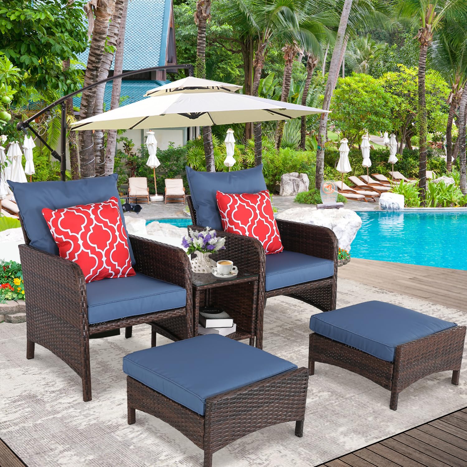 Furnimy Balcony Furniture 5 Pieces Wicker Outdoor Patio Chairs Set with Ottoman PE Wicker Rattan Outdoor Lounge Chairs with Removable Cushions for Patio, Garden and Backyard (Brown-Navy)- INCOMPLETE, CHAIR POECES ONLY