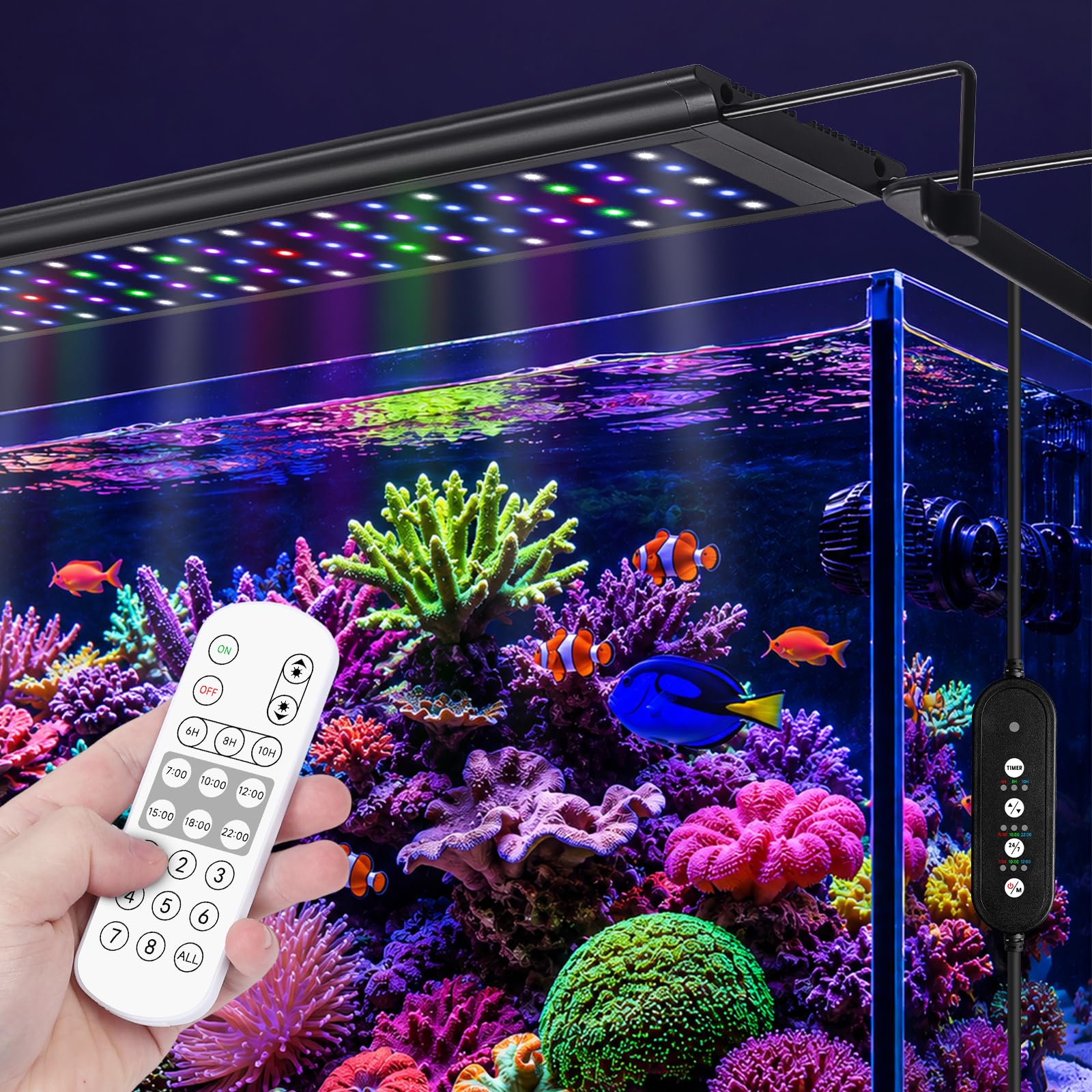 24W LED Saltwater Aquarium Light, Marine Reef Lights for Coral with White, Blue, Cyan, UV Violet LEDs Dimmer Timer for SPS/LPS Corals Fish Tanks(12-18in)