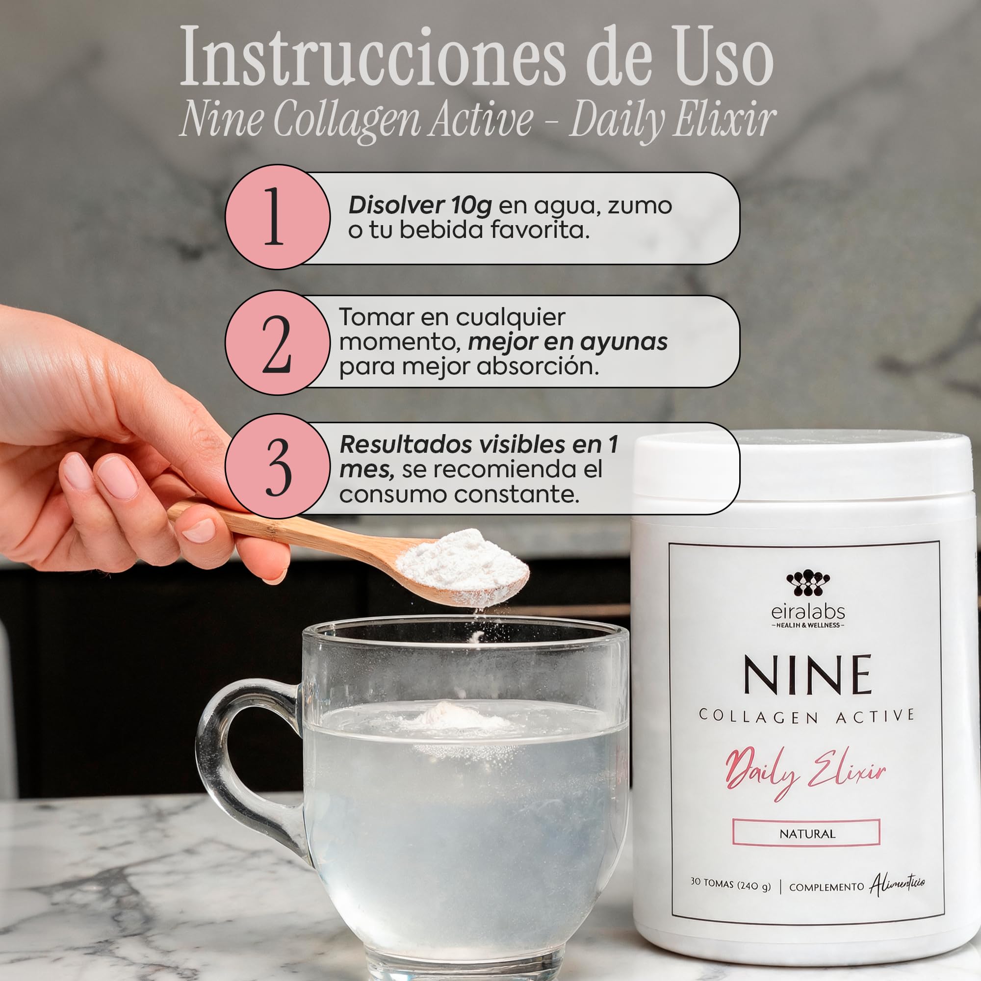Nine Collagen Active Daily Ellixir - Kolagen z biotyną, niacyną, cynkiem oraz witaminami C i E w celu poprawy elastyczności skóry oraz wzmocnienia włosów i paznokci - Naturalny smak