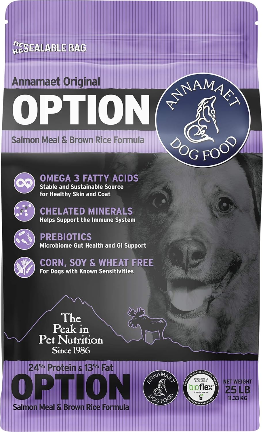 Annamaet Original Option Formula Dry Dog Food, 24% Protein (Salmon & Brown Rice), 25-lb Bag