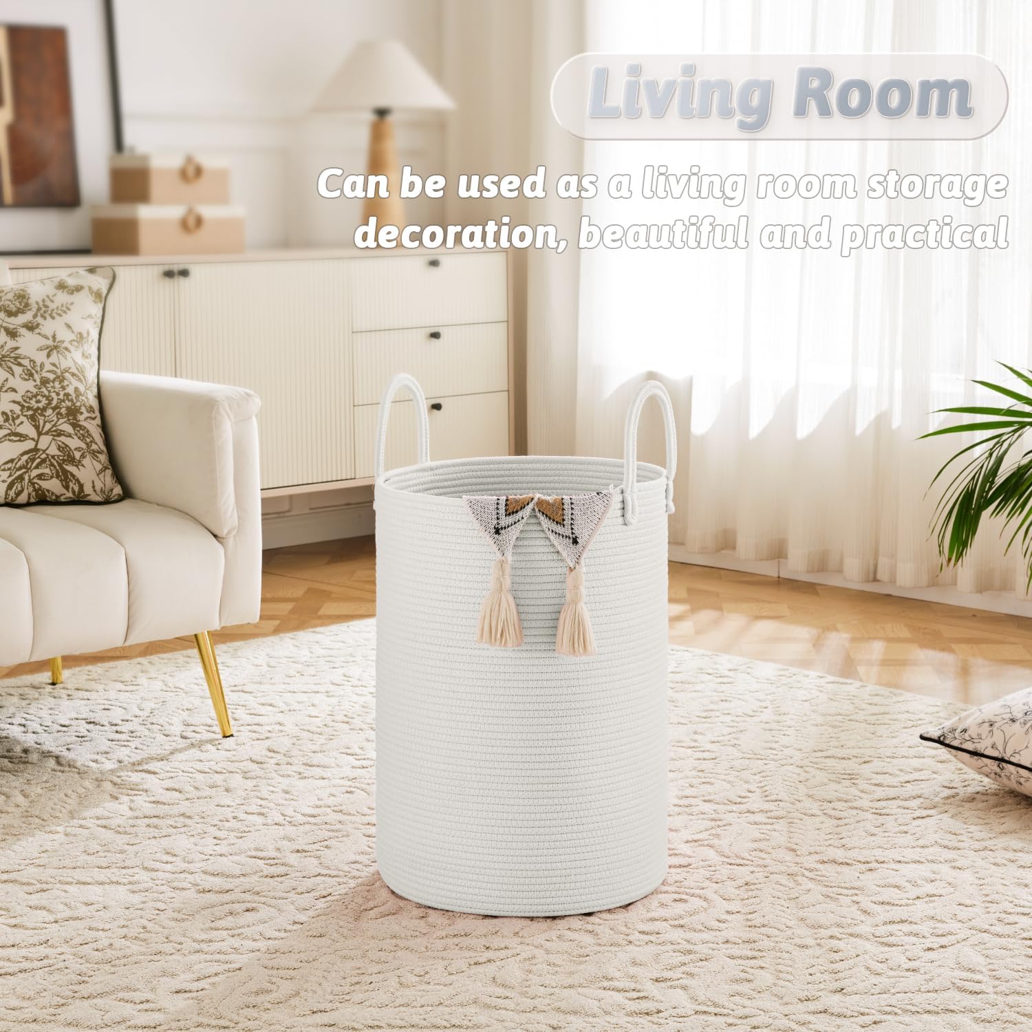 artfeel laundry basket,woven cotton rope laundry hamper,100l for decorative storage of dirty clothes,toys and blankets in bathroom,baby room and living room white 100l