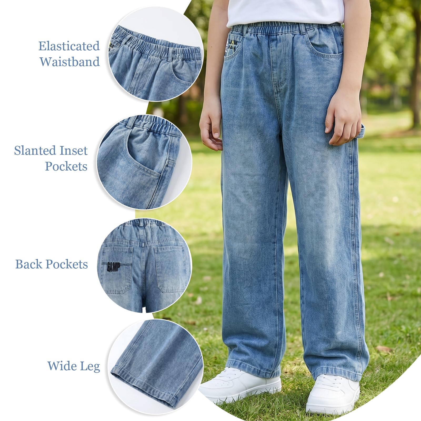 Jeans Baggy Garçon Enfant Pantalon en Denim avec Multiples Poches Taille Élastique Décontracté Loose Fit Coupe Droite Jeans Mode Casual Streetwear Pantalons pour Ado 7-15 Ans