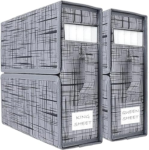 Doche Organizador de sábanas con ventana (paquete de 2), organizadores de armario de lino y almacenamiento (tamaño QueenKing), bolsas de