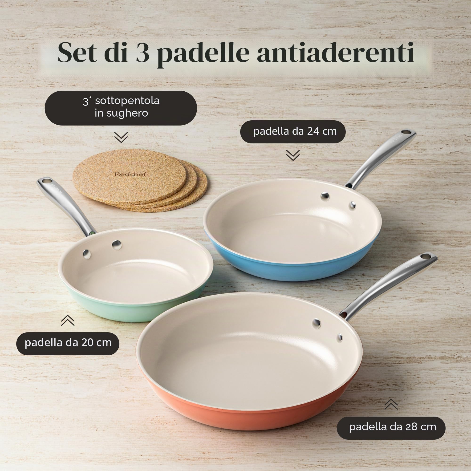 Redchef Set di 6 padelle in ceramica per induzione, antiaderenti, 20/24/28 cm, per tutti i tipi di cucina, senza PTFE, senza PFAS, senza PFOA, adatte per induzione, forno, lavastoviglie (multicolor)