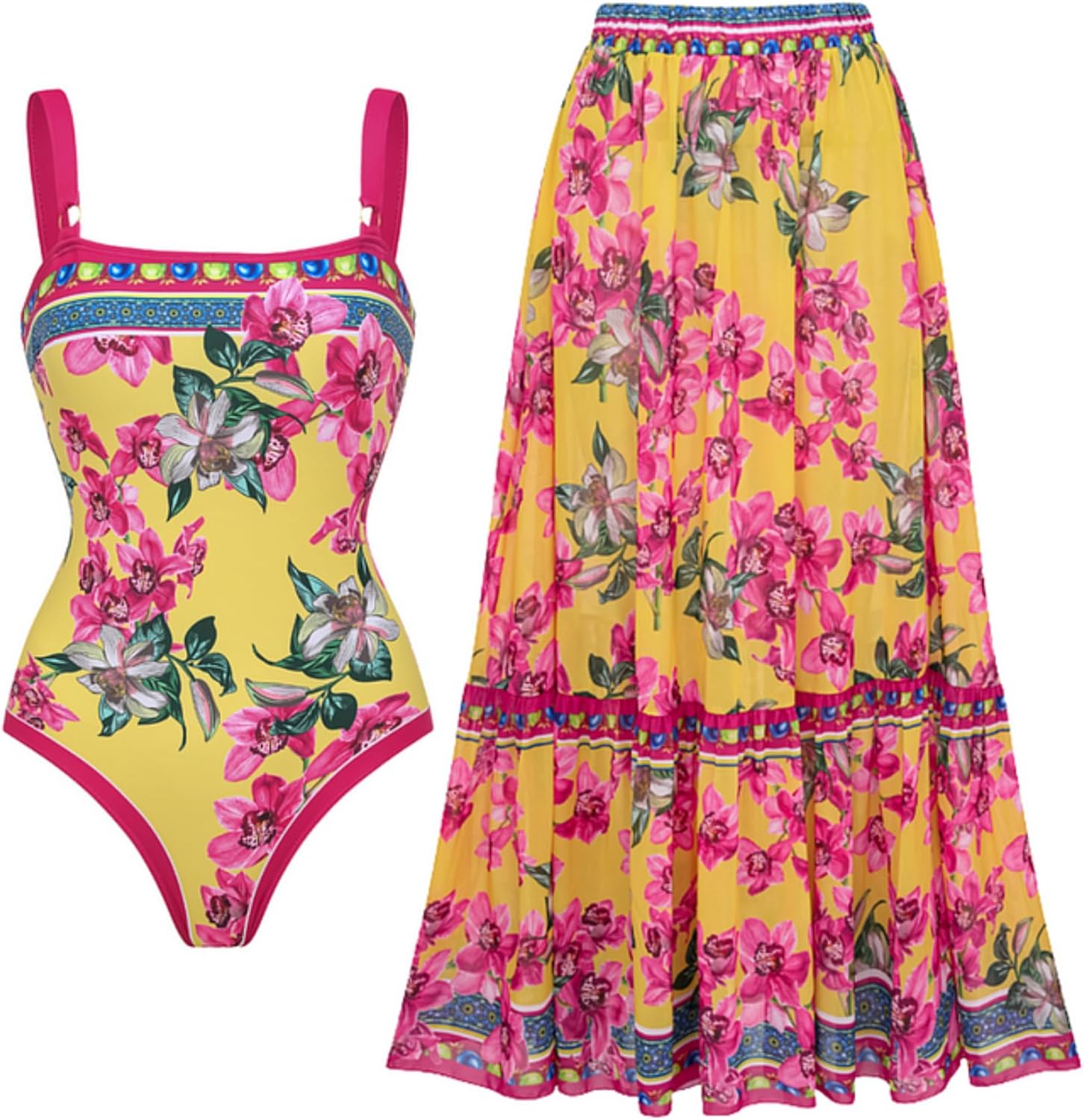 FLAXMAKER Women's Swimsuit Orchid Print One Piece Vintage Retro Swimsuit with Skirt/Sarong