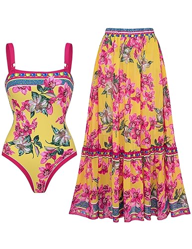 FLAXMAKER Women's Swimsuit Orchid Print One Piece Vintage Retro Swimsuit