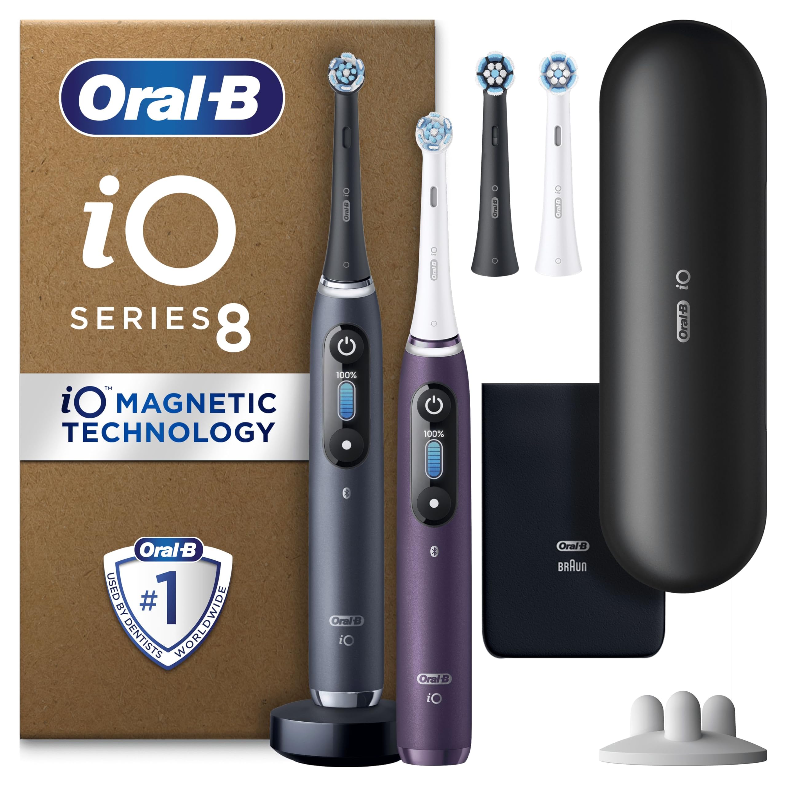 Oral-B iO8 2x Electric Toothbrushes For Adults, App Connected Handles, 4 Toothbrush Heads, 1 Travel Case, Toothbrush Head Holder, 6 Modes, 2 Pin UK Plug, Black/Violet