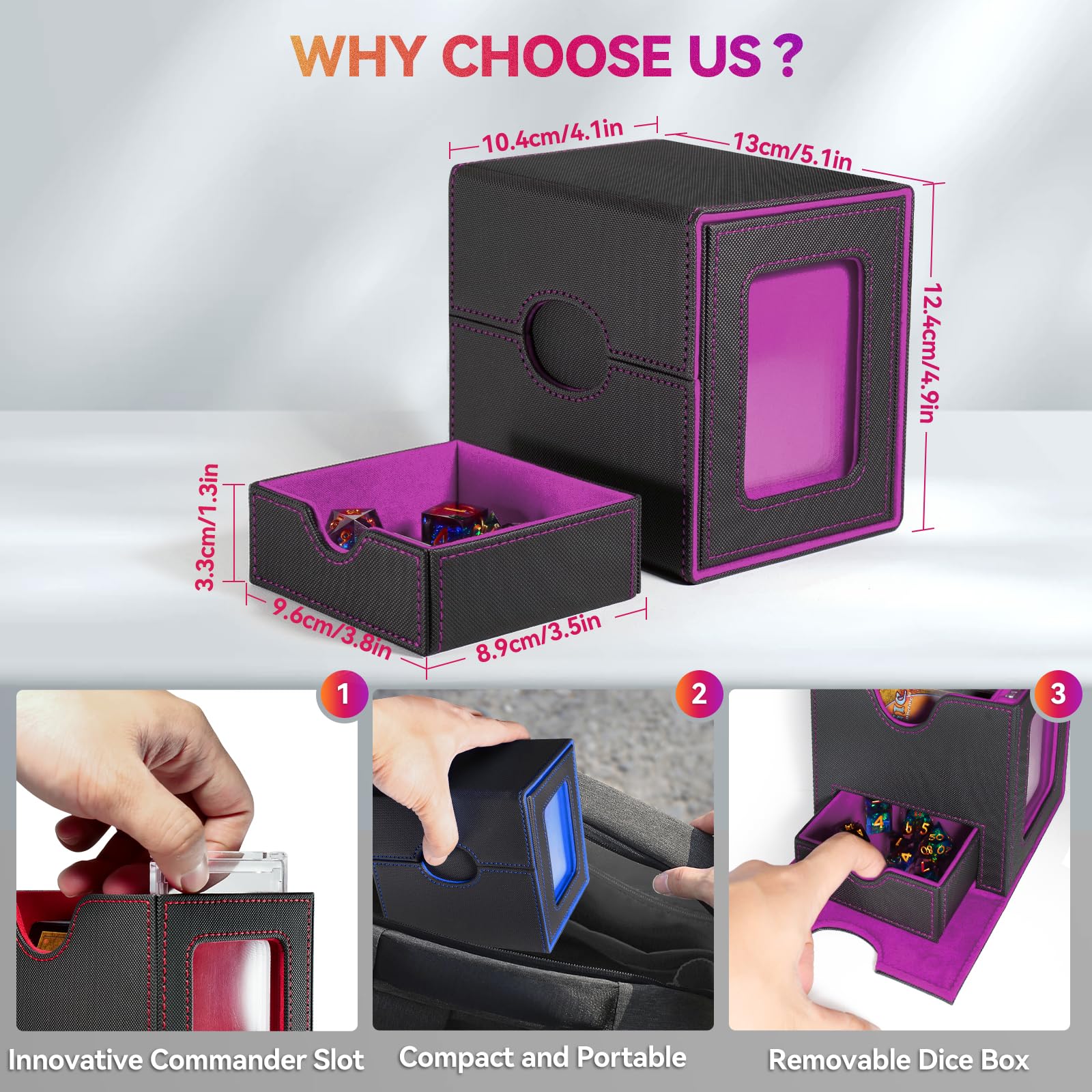 Viyohoh Card Deck Box for MTG with Commander Display Fits 100 Double-Sleeved Cards, Deck Case for TCG/Sports Cards with 2 Magnetic Card Holders (Black&Purple)