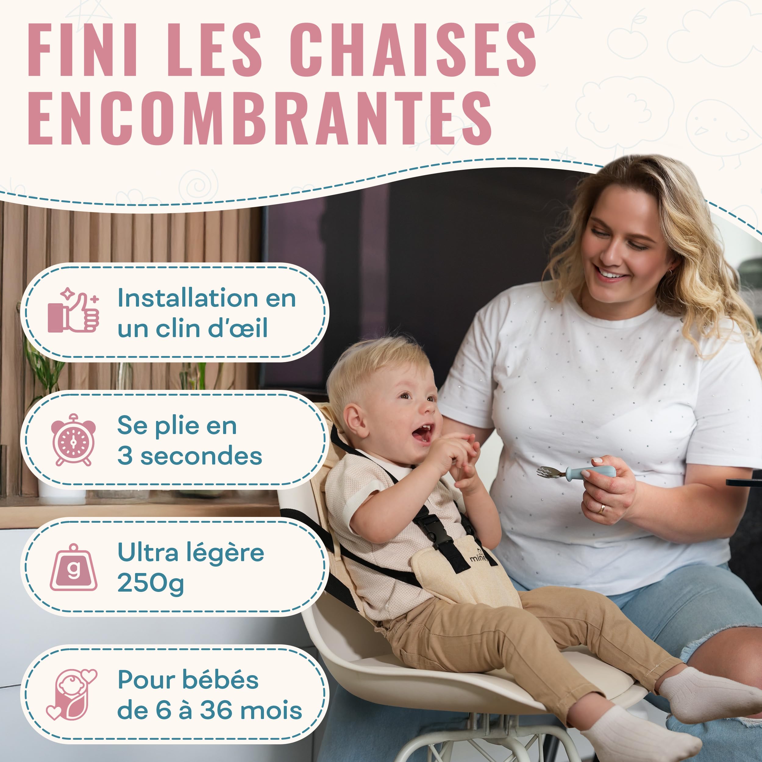 Mineto Chaise Nomade Bebe Portable Ultra-Légère, Harnais Sécurisé 3 Points, Rehausseur chaise enfant de voyage Facile à Transporter, Siege Bebe Assis de 6 Mois à 3 Ans, Lavable et Universel Beige