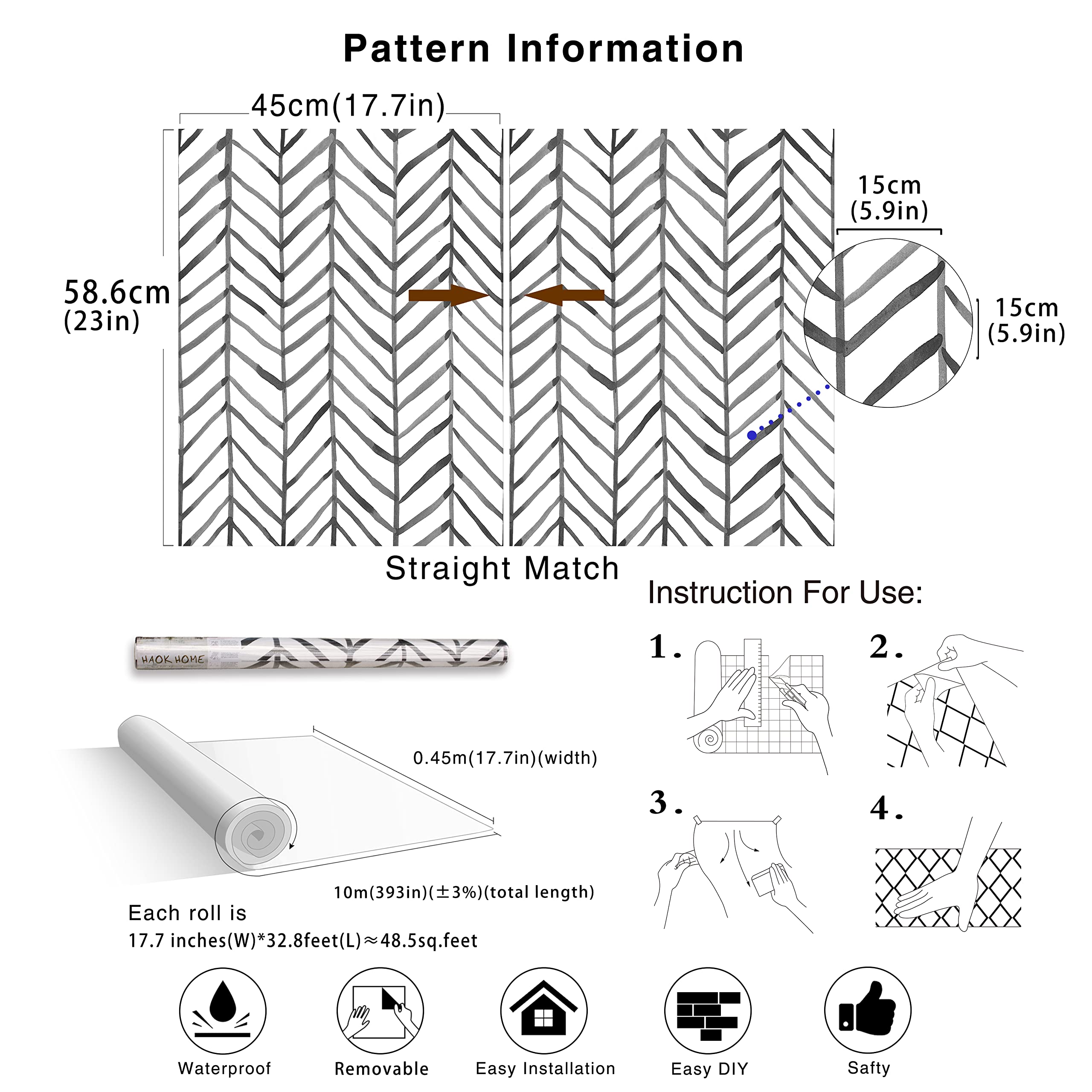 HaokHome 960201 Modern Stripe Peel and Stick Wallpaper Herringbone