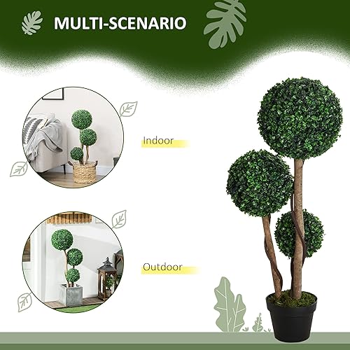 Miniatura 4 de HOMCOM Planta artificial para decoración del hogar, interior y exterior, plantas artificiales en maceta, árbol topiario de 3 bolas de boj para