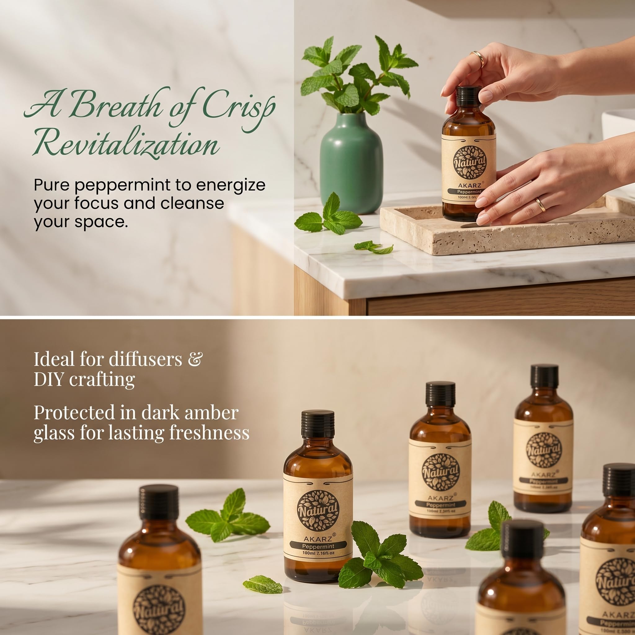 AKARZ 100ml Olejek esencjny z Miaty - Naturalny olejek aromatyczny do dyfuzorów, lamp aromatycznych i aromatów pomieszczeń