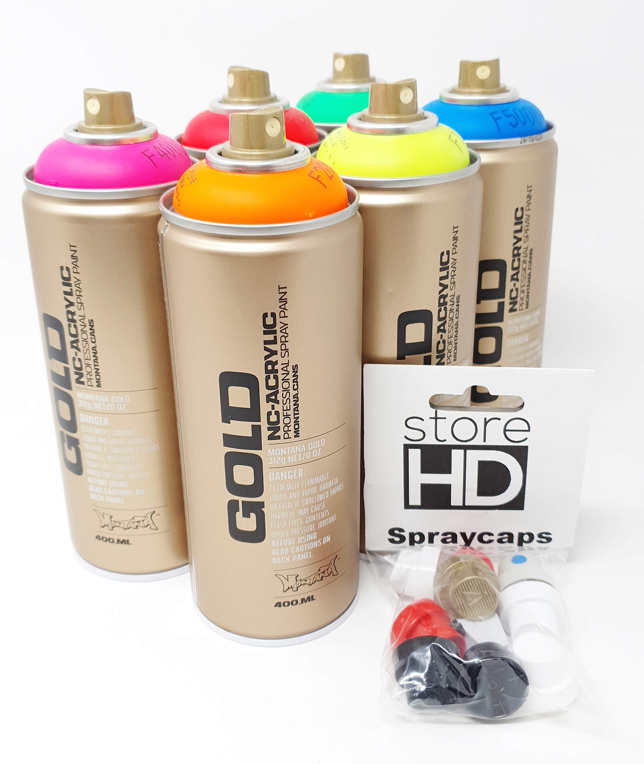 Montana Gold Sprühdosen Set, 6 Neon Farben + 10 Ersatzsprühköpfe - 6 x 400ml
