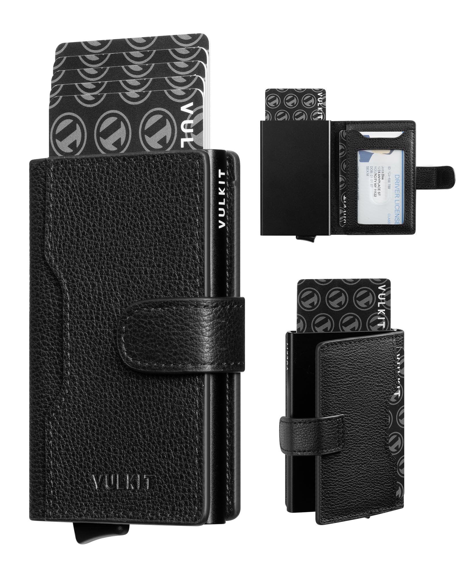 VULKIT Kartenetui Herren & Damen RFID Schutz Kreditkartenetui Metall mit 3 Kreditkarte Fächern und 1 Ausweisfenster Klein Geldbörse Herren Echtes Leder mit Magnetverschluss, Litchi Schwarz