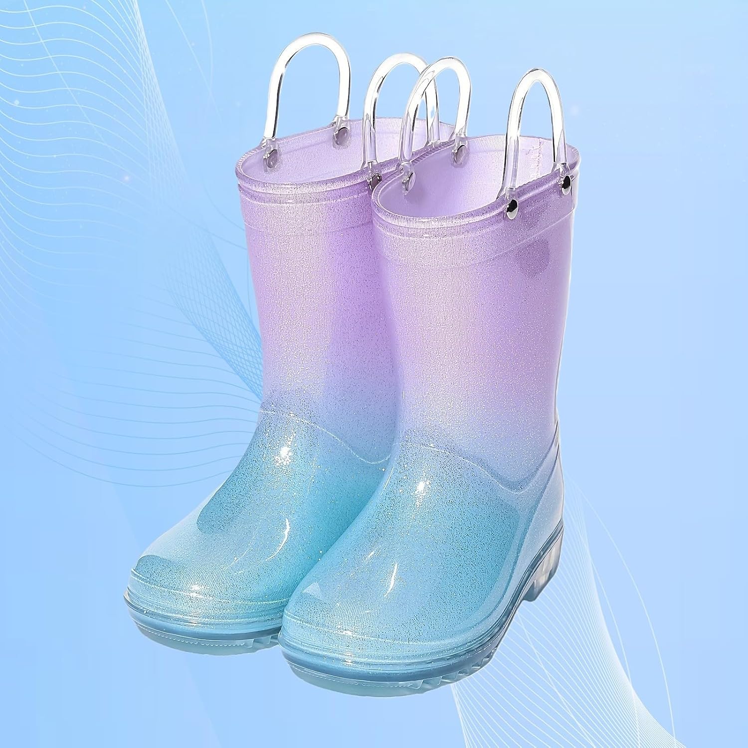 Girls Rain Boots Kids Sequins Gradient Rubber Waterproof Rainboots with Handles Toddler Non Slip Mud Proof Rain Shoes