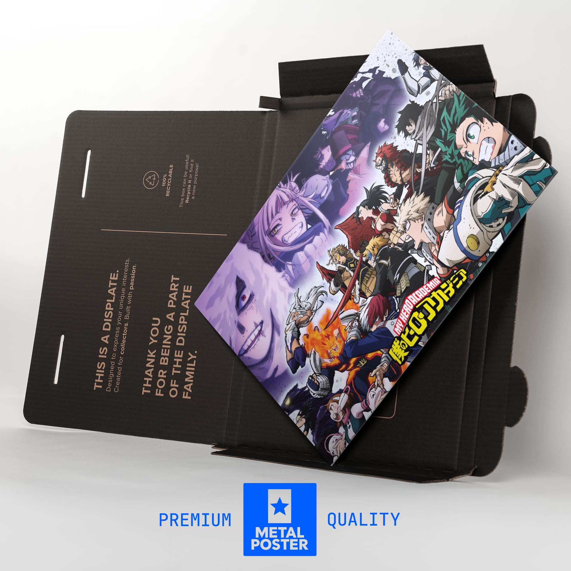 Displate Metall poster My Hero Academia MHA: Heroes and Villains Größe M | Bilder Wanddeko Wohnzimmer & Schlafzimmer Wandbilder, Geschenk. Wandkunst mit Magnet-Befestigung, ohne Bohren.