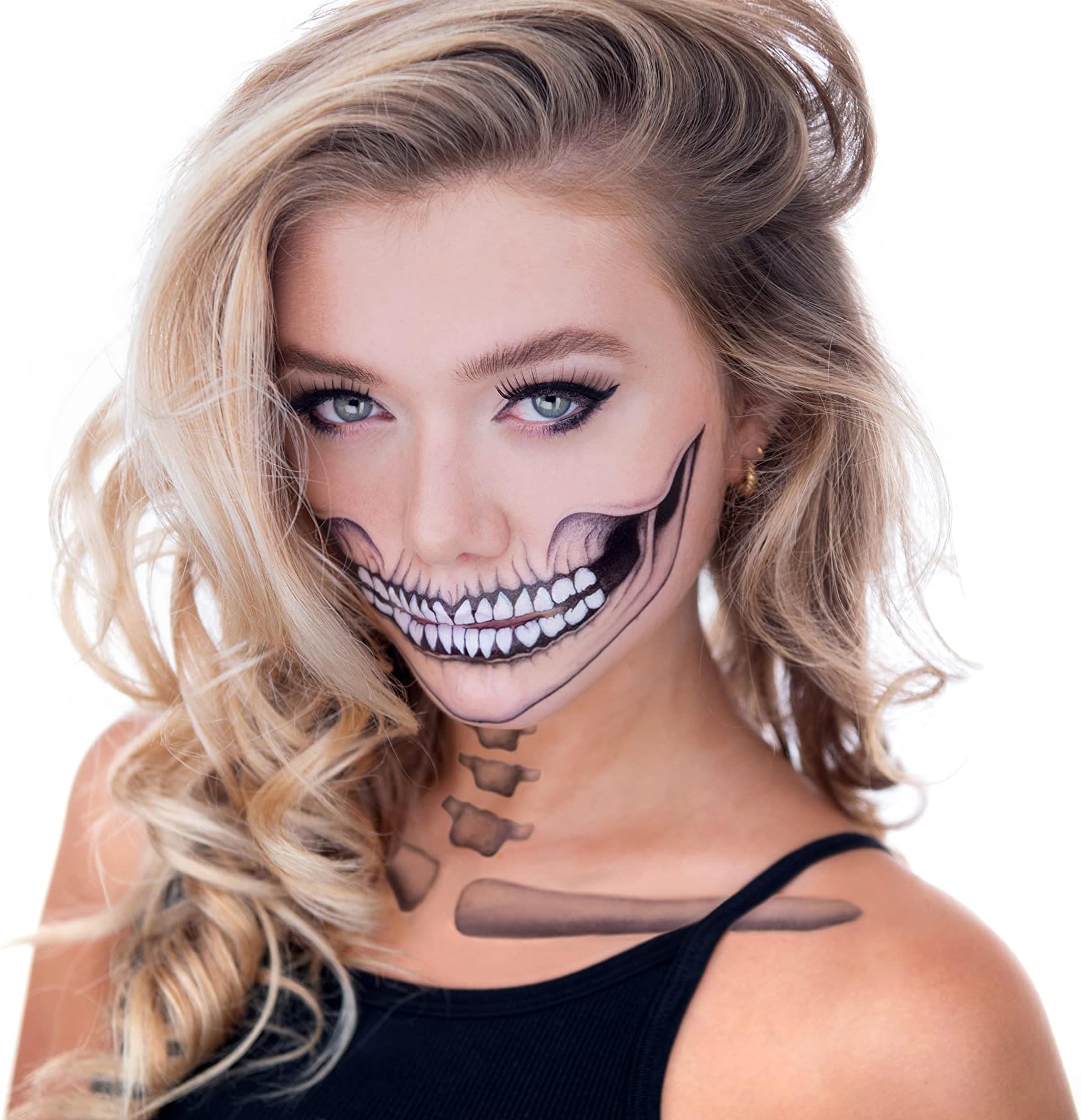 2 x Classic Skull Temporary Tattoo Halloween Costume for Men and Women, Adult, Face Sticker