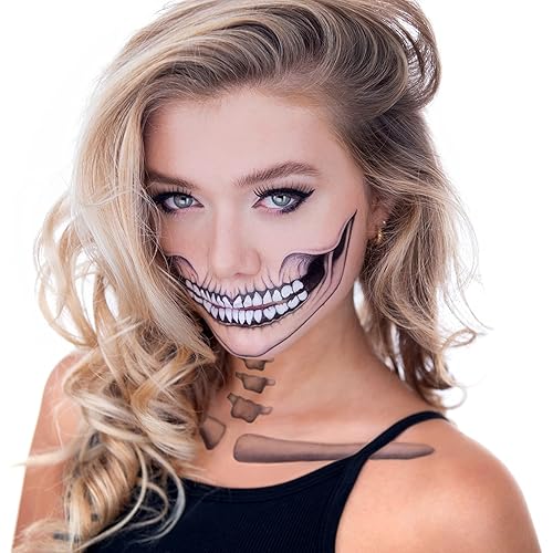 2 x Classic Skull Temporary Tattoo Halloween Costume for Men and Women, Adult, Face Sticker