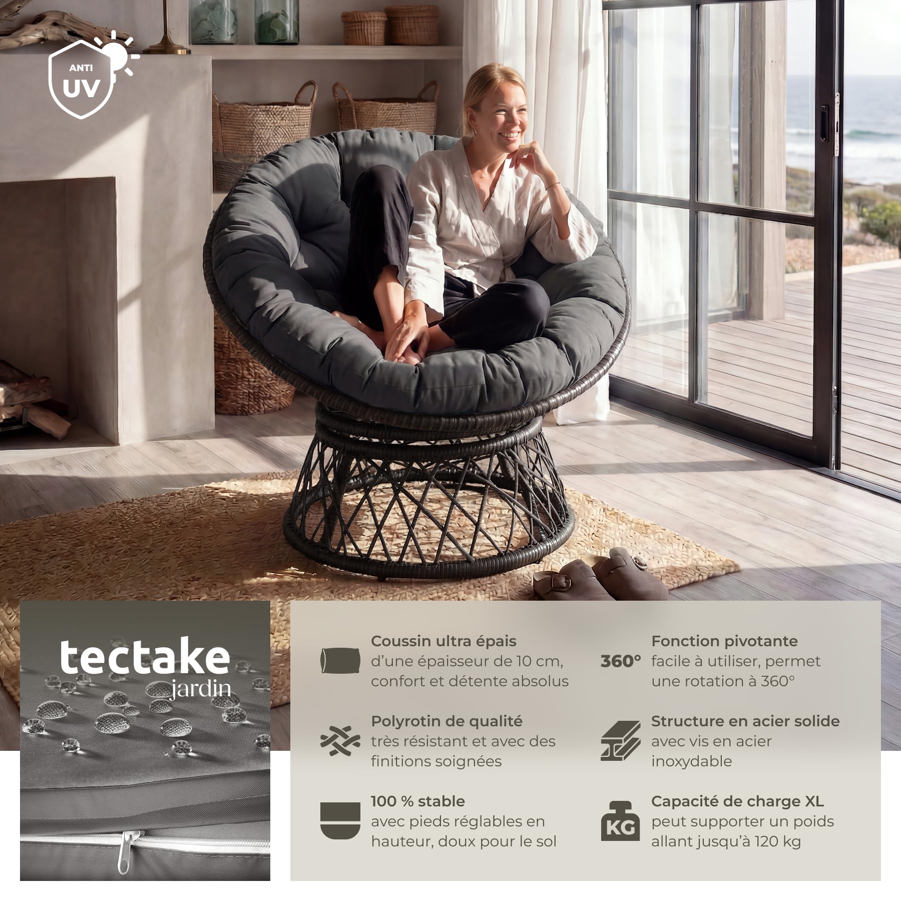 tectake® Fauteuil Papasan en Rotin Chaise Relax Ronde Résine Tressée 1 Place Pivotant à 360°, Coussin Épais Grand Confort Inclus, Mobilier de Jardin pour Amenagement Balcon Terrasse Salon de Jardin