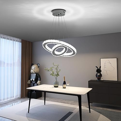 Miniatura 2 de Sunny Hawaii Candelabro LED de cristal, moderna lámpara de techo con 2 anillos para colgar, ajustable, lámpara colgante de acero inoxidable blanco