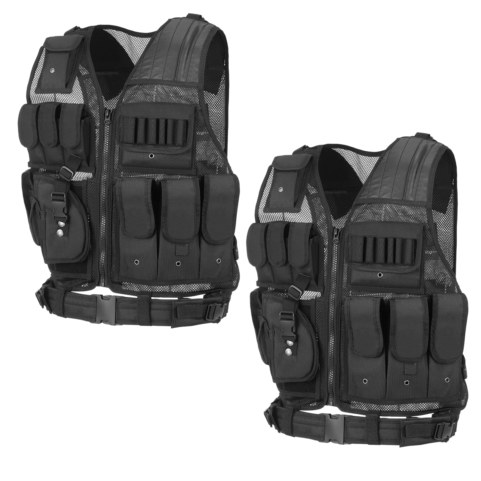 2Stück Taktische Weste Herren mit Taschen, Verstellbarem Hüftgurt | Atmungsaktiv und Strapazierfähig Tactical Weste für Outdoor, Angeln, Camping(Schwarz)