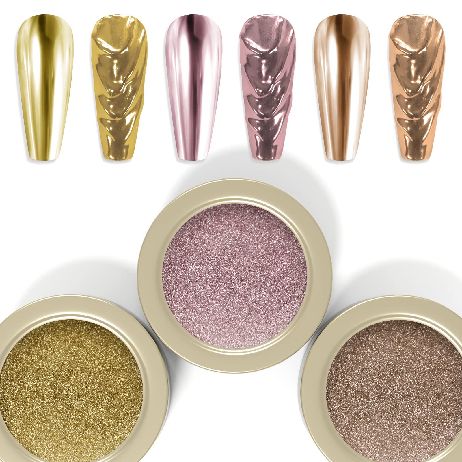 Laza 3 Colors Chrome Nail Powder Mirror Effect Metallic Dust Holographic Glitter Glazed Manicure Decoration Reflective Pigment for DIY Gel Polish Nail Art, Resin Craft, Gifts - Champagne Lotus