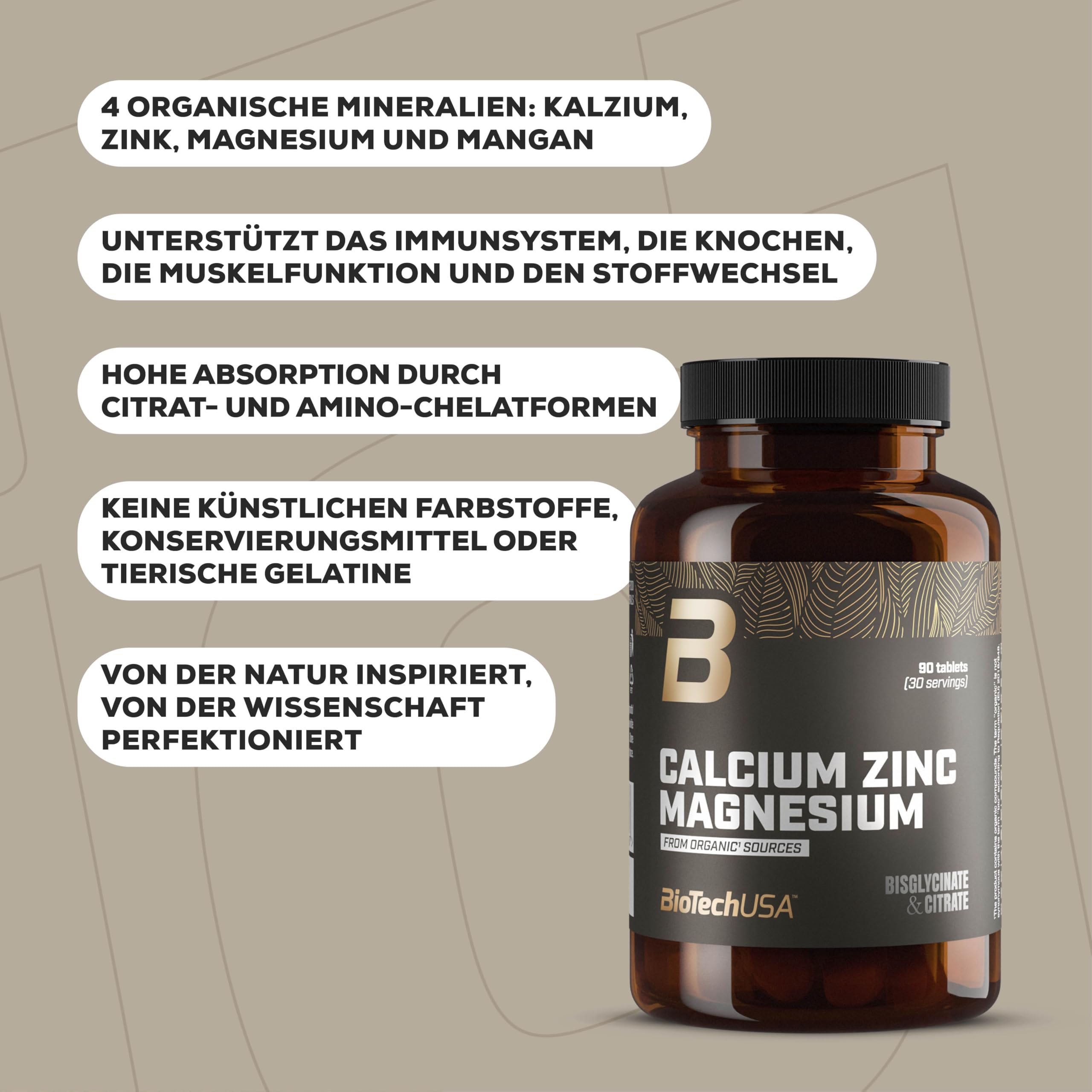 BioTechUSA Calcium Zinc Magnesium from Organic Sources | 4 Arten biologischer Mineralien | Synergistische Formel für Knochen, Muskeln, Nerven- und Immunsystem, 90 Tabletten