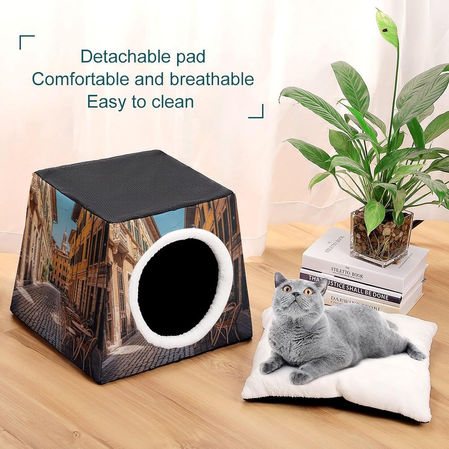 Pet Sleeping Nest Bed, Old Courtyard Cafe Chair City, Rome, Italy Printed Dog House Cat Nest, Winter Pet House are Suitable for Most Cats, Dogs, and Other Small Pets